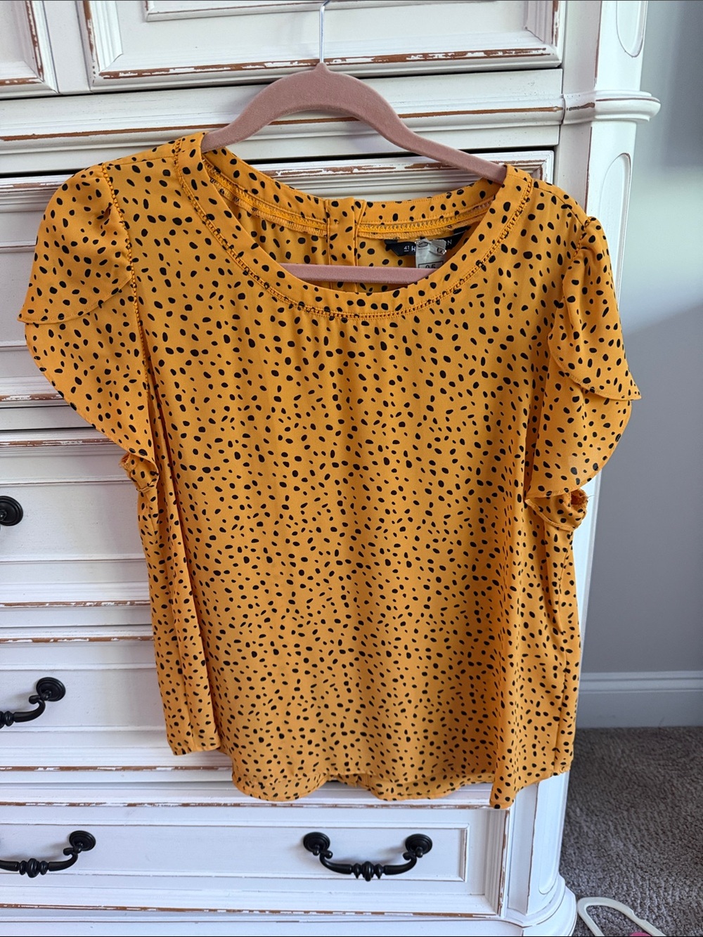 41 Hawthorn Mustard Yellow Black Dot Flutter Sleeve Blouse